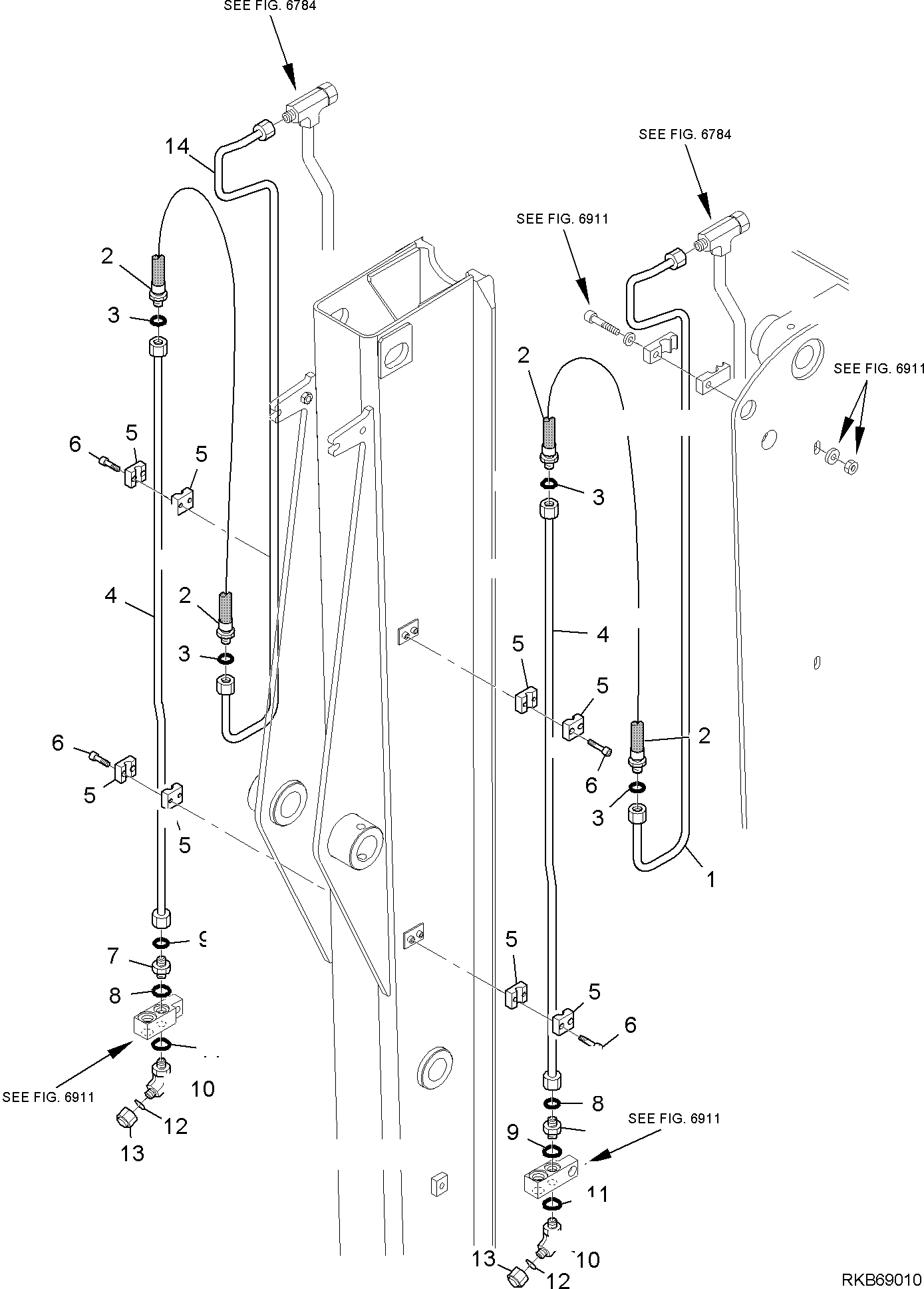 140. HYDRAULIC PIPING (CUTTING AND ROTATING BUCKET) (1/3) [6910] - Komatsu part WB97S-5E0 S/N F30003-Up [wb97s5e0]